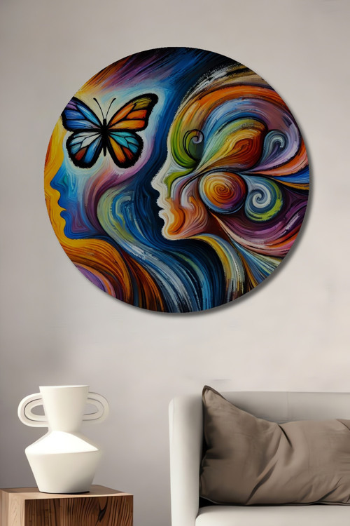 Renklerin Dansı Soyut Sanat Dekoratif Ahşap Mdf Yuvarlak Ev,İşyeri Duvar Tablo