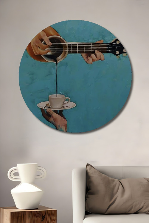 Gitar Ve Kahve Uyumu Dekoratif Ahşap Mdf Yuvarlak Ev,İşyeri Duvar Tablo