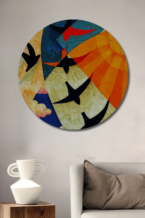 Karetta Kuşların Renkli Dansı Modern Sanat Dekoratif Ahşap Yuvarlak Ev,İşyeri Duvar Tablo