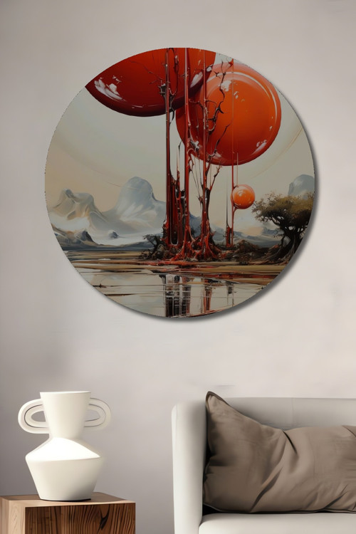 Kırmızı Gezegenler Soyut Sanat Dekoratif Ahşap Mdf Yuvarlak Ev,İşyeri Duvar Tablo