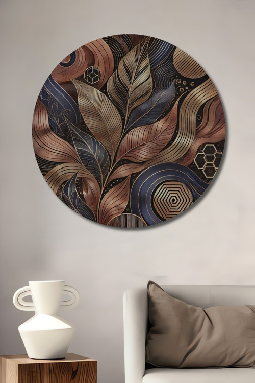 Art Deco Yaprak Desenli Ahşap Mdf Dekoratif Yuvarlak Ev,İşyeri Duvar Tablo