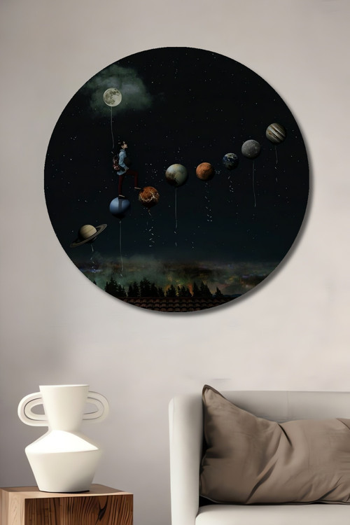 Gezegenler Ve Ay İle Masalsı Gece Modern Sanat Ahşap Dekoratif Yuvarlak Ev,İşyeri Duvar Tablo