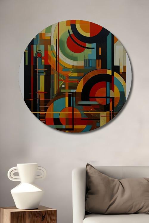 Soyut Sanat Geometrik Desenler Yağlı Boya Görünümlü Ahşap Mdf Dekoratif Yuvarlak Tablo