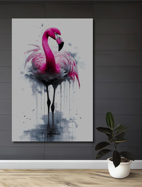 Pembe Flamingo Sulu Boya Görünümlü Dekoratif Ahşap Dikdörtgen Ev,İşyeri Duvar Tablo
