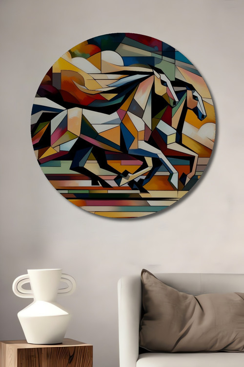Soyut Atlar Geometrik Sanat Ahşap Mdf Dekoratif Yuvarlak Ev,İşyeri Duvar Tablo