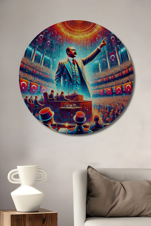 Atatürk İllüstrasyonu Siyasi Liderlik Temalı Modern Sanat Ahşap Dekoratif Yuvarlak Tablo