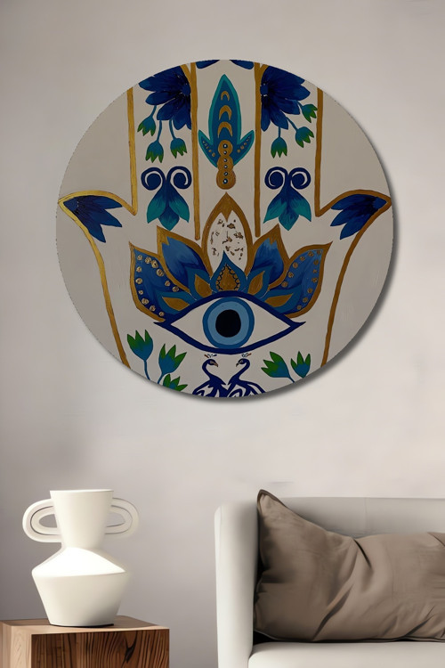 Hamsa El Sembolü Modern Ahşap Mdf Dekoratif Yuvarlak Ev,İşyeri Duvar Tablo