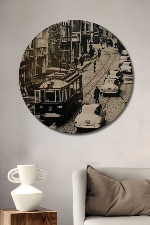 İstanbul Nostaljik Tramvay Siyah Beyaz Ahşap Dekoratif Yuvarlak Ev,İşyeri Duvar Tablo