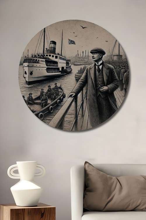 Atatürk Kadıköyde Vapur Ve Deniz Manzarasını Seyir Halinde Ahşap Tablosu