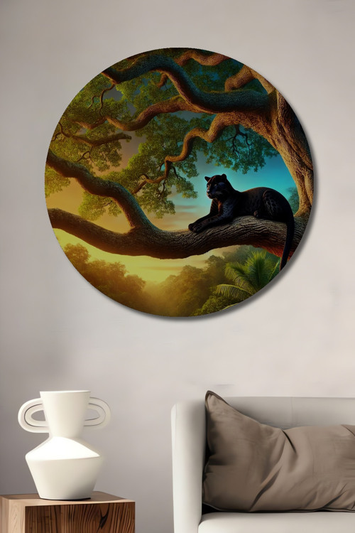 Panter Günbatımı Ahşap Mdf Dekoratif Yuvarlak Ev,İşyeri Duvar Tablo