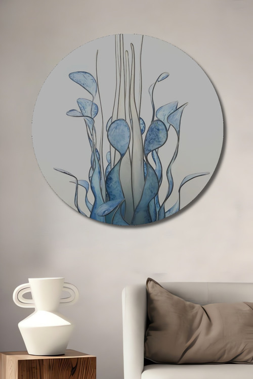 Mavi Bitkisel Soyut Sanat Dekoratif Ahşap Mdf Yuvarlak Ev,İşyeri Duvar Tablo