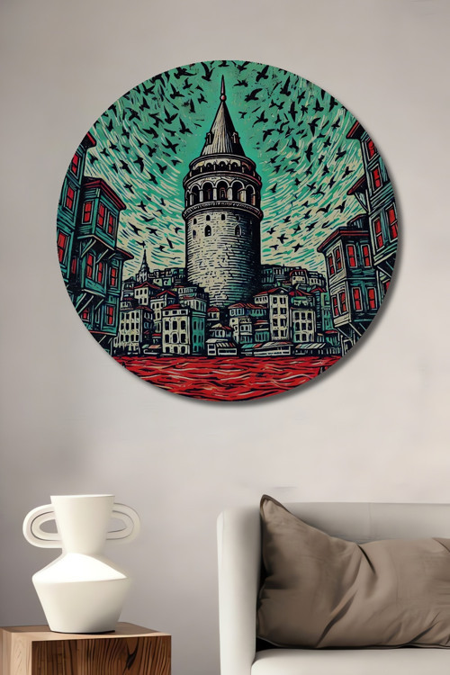 Galata Kulesi Modern Sanat Ahşap Mdf Yuvarlak Ev,İşyeri Duvar Tablo