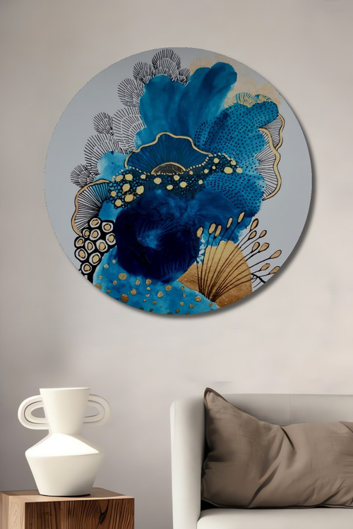 Soyut Mavi Dalgalı Modern Sanat Ahşap Mdf Dekoratif Yuvarlak Ev,İşyeri Duvar Tablo