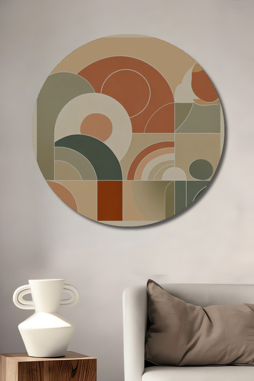 Retro Geometrik Desen Ahşap Mdf Dekoratif Yuvarlak Ev,İşyeri Duvar Tablo