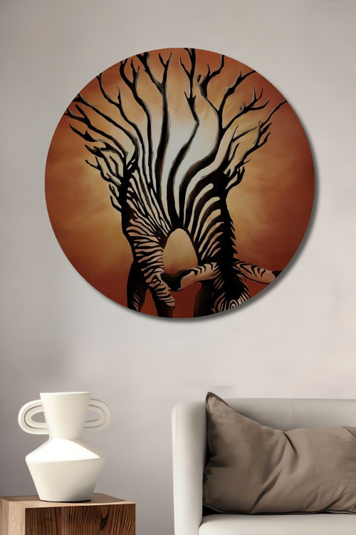 Zebra Ağaç Figüratif Dekoratif Ahşap Mdf Yuvarlak Ev,İşyeri Duvar Tablo