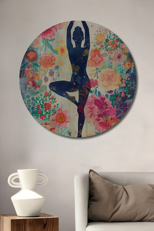 Yoga Pozu Çiçeklerle Ahşap Mdf Dekoratif Yuvarlak Ev,İşyeri Duvar Tablo