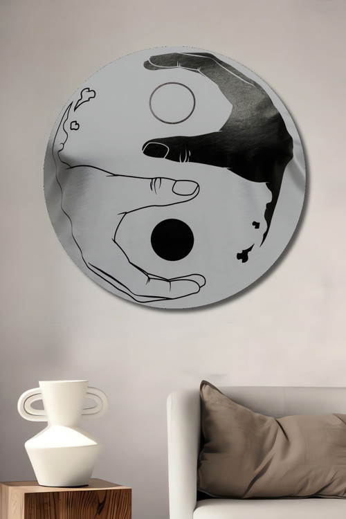 Yin Yang Eller Minimalist Ahşap Mdf Dekoratif Yuvarlak Ev,İşyeri Duvar Tablo