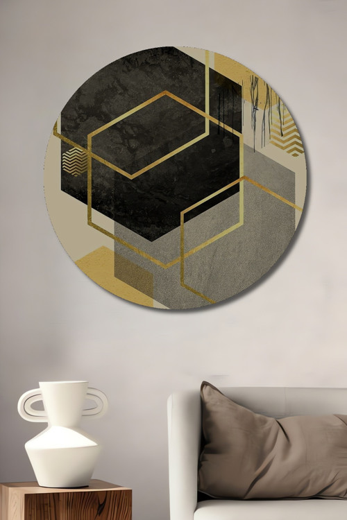 Altın Geometrik Modern Ahşap Mdf Dekoratif Yuvarlak Ev,İşyeri Duvar Tablo