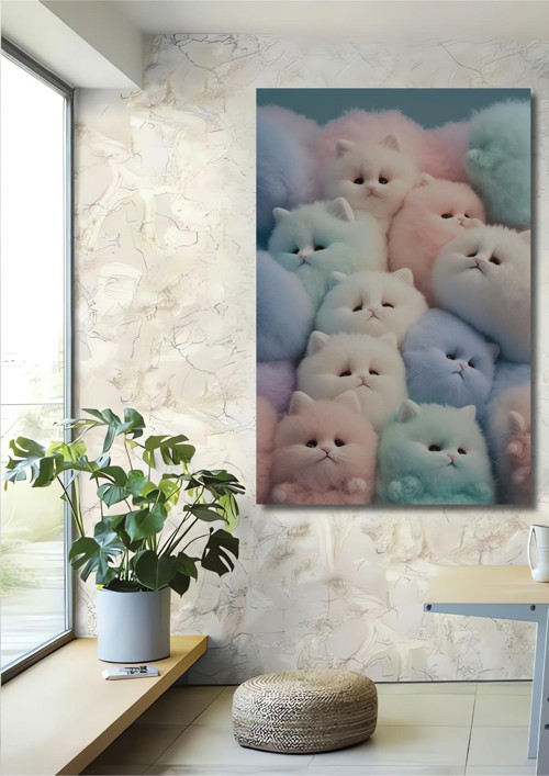Pastel Renkli Tüylü Kedi Dekoratif Ahşap Mdf Dikdörtgen Ev,İşyeri Duvar Tablo