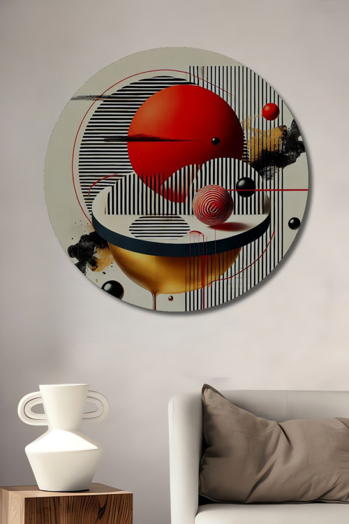 Geometrik Modern Sanat Görünümlü Dekoratif Ahşap Mdf Yuvarlak Ev,İşyeri Duvar Tablo