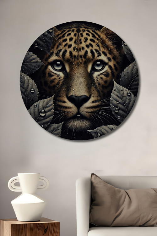 Leopar Desenli Dekoratif Ahşap Mdf Yuvarlak Ev,İşyeri Duvar Tablo