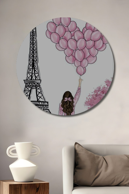 Romantik Paris Balonları Dekoratif Ahşap Mdf Yuvarlak Ev,İşyeri Duvar Tablo