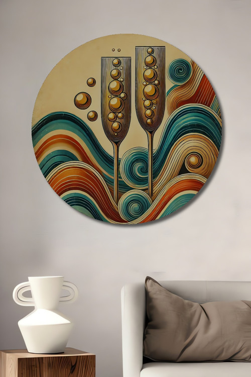 Şampanya Kadehi Modern Sanat Ahşap Mdf Dekoratif Yuvarlak Ev,İşyeri Duvar Tablo
