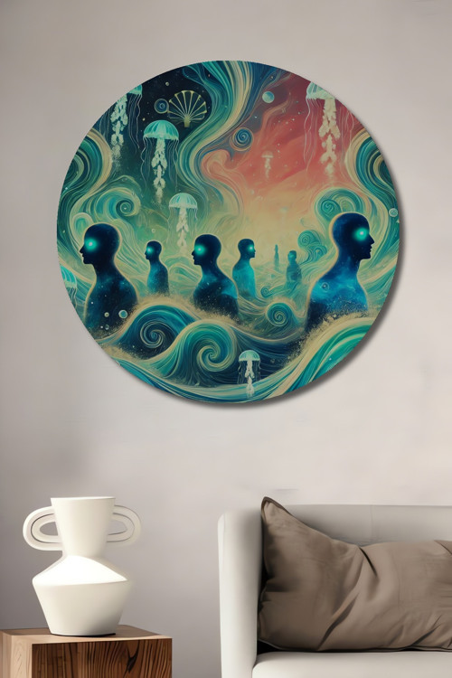 Denizanası Rüyası Soyut Sanat Ahşap Mdf Dekoratif Yuvarlak Ev,İşyeri Duvar Tablo