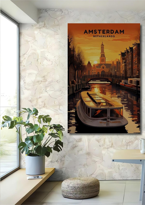 Amsterdam Kanalları Dekoratif Ahşap Mdf Ev/İşyeri Duvar Tablo Dikdörtgen Ev/İşyeri Duvar Tablo