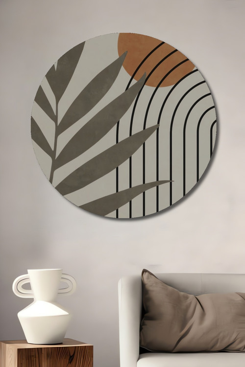 Minimalist Çizgisel Yaprak Dekoratif Ahşap Mdf Yuvarlak Ev,İşyeri Duvar Tablo