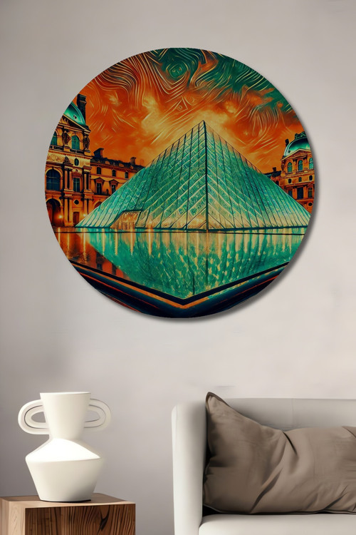 Louvre Piramidi Modern Sanat Ahşap Mdf Yuvarlak Ev,İşyeri Duvar Tablo