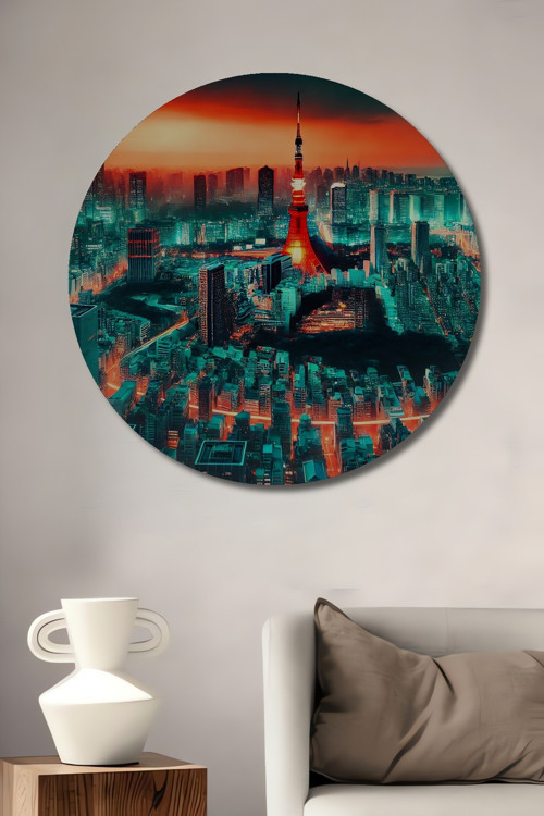 Tokyo Kulesi Panoramik Şehir Manzarası Dekoratif Ahşap Yuvarlak Ev,İşyeri Duvar Tablo