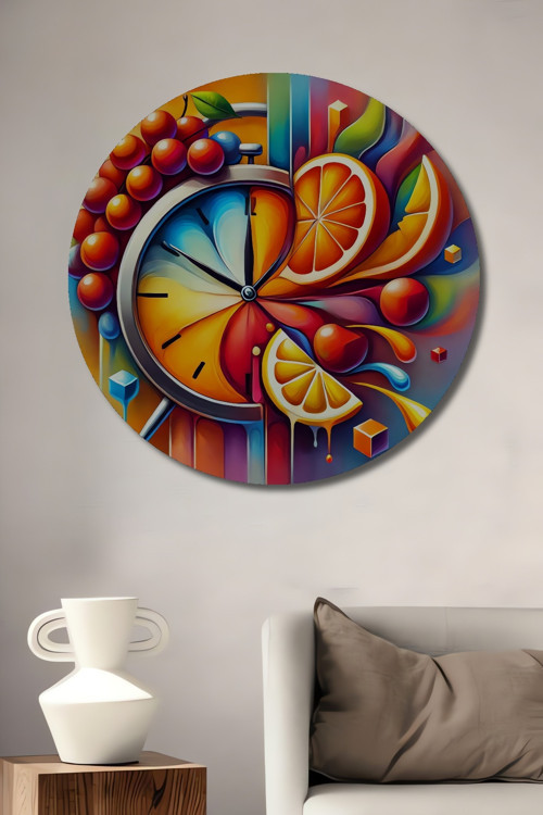 Meyve Ve Saat Modern Sanat Renkli Ahşap Mdf Dekoratif Yuvarlak Ev,İşyeri Duvar Tablo