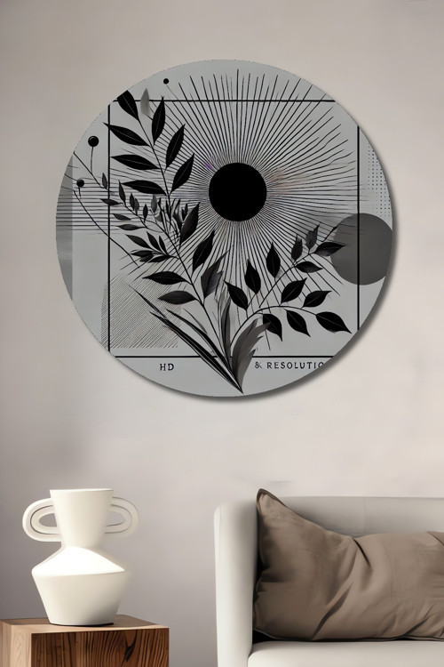 Siyah Beyaz Geometrik Bitki Desenli Ahşap Mdf Dekoratif Yuvarlak Ev,İşyeri Duvar Tablo