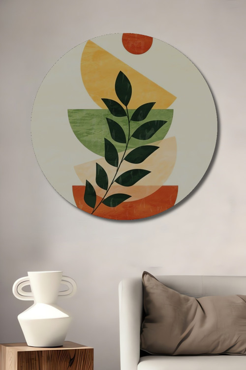 Geometrik Doğa Baskılı Ahşap Mdf Dekoratif Yuvarlak Ev,İşyeri Duvar Tablo