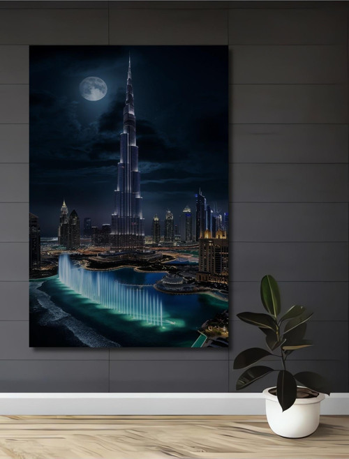 Burj Khalifa Gece Manzarası Ahşap Mdf Dekoratif Dikdörtgen Ev,İşyeri Duvar Tablo