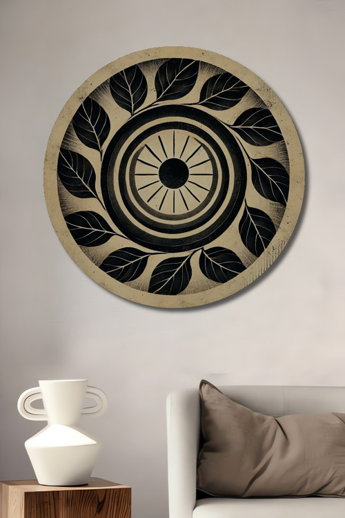 Geometrik Yaprak Deseni Dekoratif Ahşap Mdf Yuvarlak Ev,İşyeri Duvar Tablo