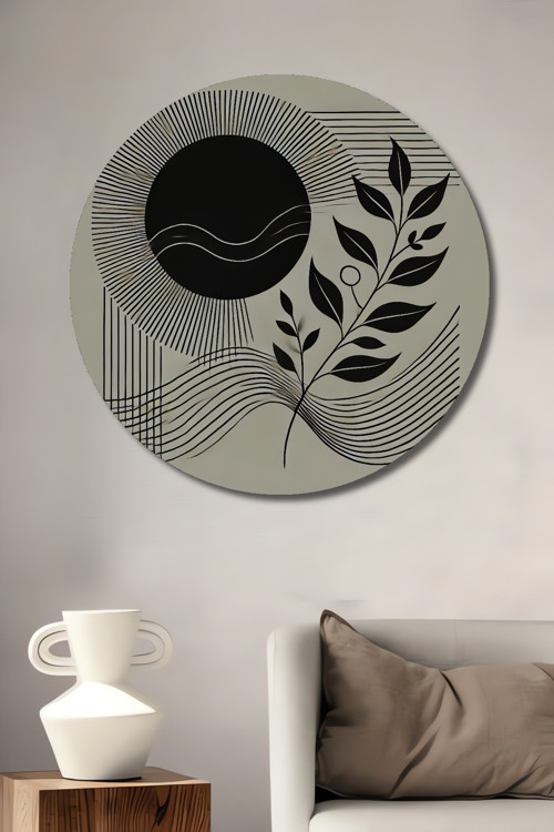 Minimalist Soyut Çizim Dekoratif Ahşap Mdf Yuvarlak Ev,İşyeri Duvar Tablo