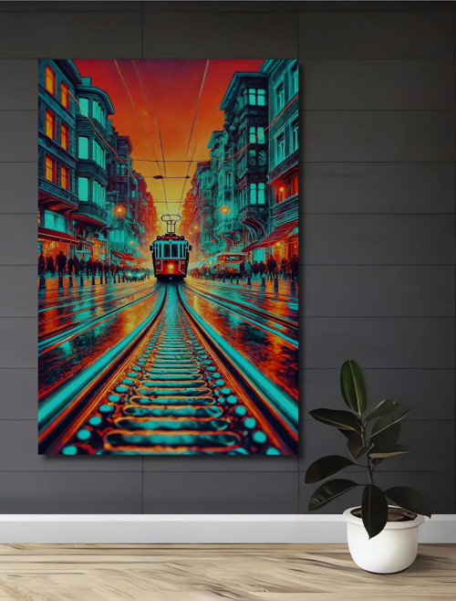 Nostaljik Tramvay Yağlı Boya Görünümlü Dekoratif Ahşap Dikdörtgen Ev,İşyeri Duvar Tablo