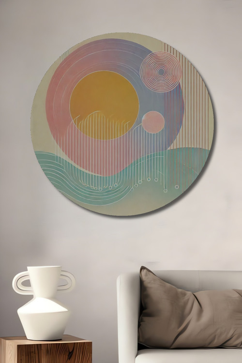 Retro Geometrik Gökyüzü Dekoratif Ahşap Mdf Yuvarlak Ev,İşyeri Duvar Tablo