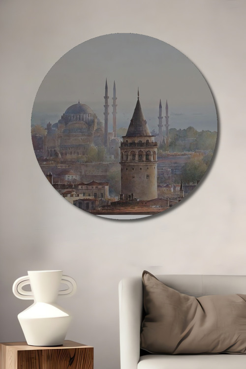 Galata Kulesi Ve Ayasofya Manzaralı Dekoratif Ahşap Mdf Yuvarlak Ev,İşyeri Duvar Tablo
