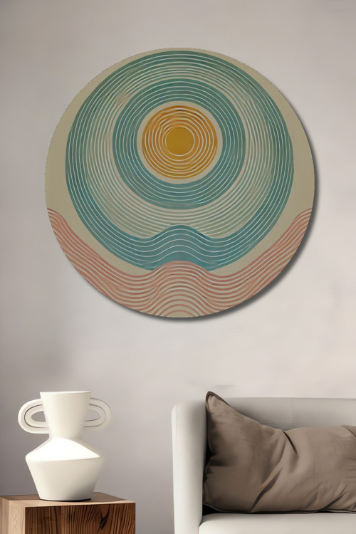 Modern Geometrik Güneş Desenli Ahşap Mdf Dekoratif Yuvarlak Ev,İşyeri Duvar Tablo