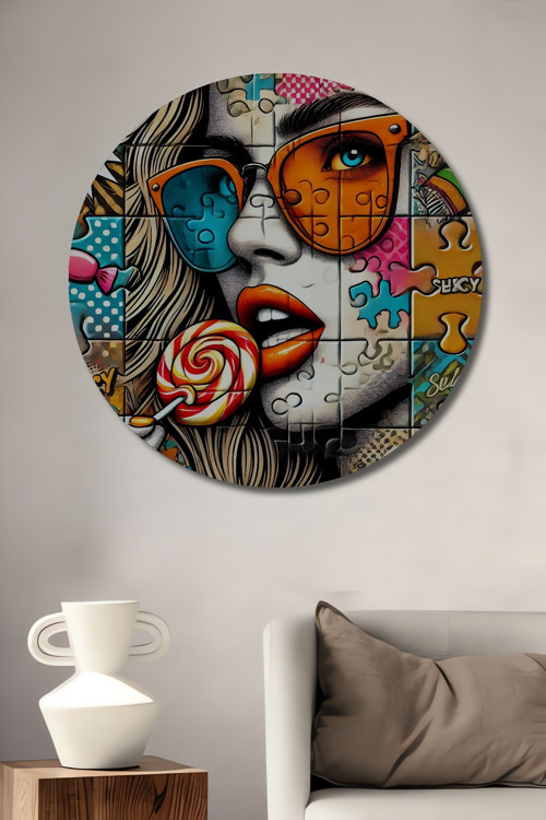 Retro Pop Art Dekoratif Ahşap Mdf Yuvarlak Ev,İşyeri Duvar Tablo