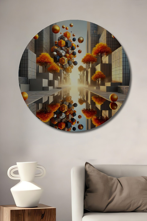 Geometrik Hayal Gücü Modern Sanat Ahşap Mdf Dekoratif Yuvarlak Ev,İşyeri Duvar Tablo