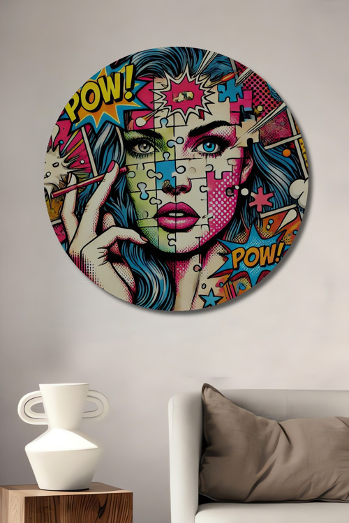 Pop Art Tarzı Patlayan İllüstrasyon Dekoratif Ahşap Mdf Yuvarlak Ev,İşyeri Duvar Tablo