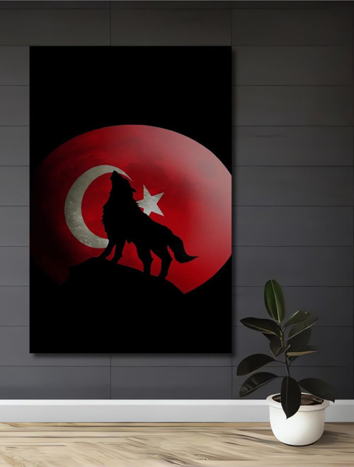 Kurt Ve Ay Yıldız Siyah Beyaz Ahşap Mdf Dekoratif Dikdörtgen Ev,İşyeri Duvar Tablo