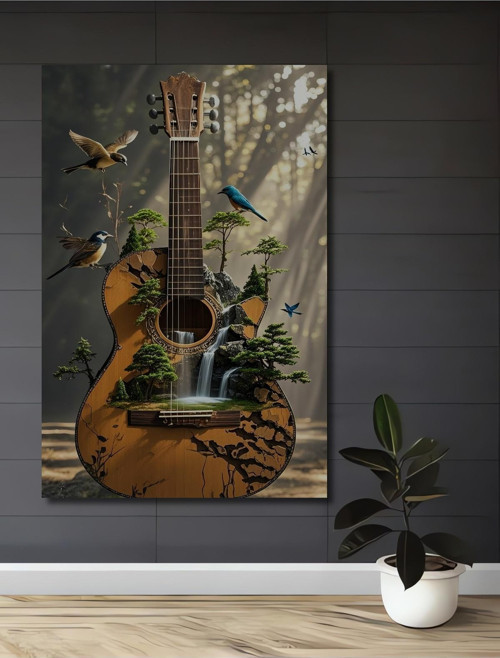 Doğa Kuşlar Gitar Dekoratif Ahşap Mdf Dikdörtgen Ev,İşyeri Duvar Tablo