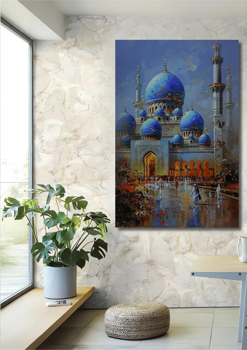 Mavi Kubbe Camii Yağlı Boya Görünümlü Dekoratif Ahşap Dikdörtgen Ev,İşyeri Duvar Tablo