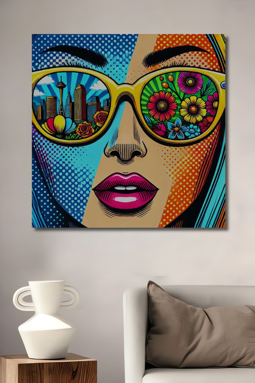 Renkli Pop Art Gözlük Kadın Portresi Dekoratif Ahşap Dikdörtgen Ev,İşyeri Duvar Tablo