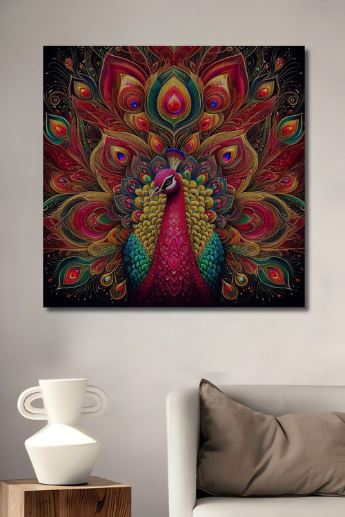 Tavus Kuşu Renk Cümbüşü Yağlı Boya Görünümlü Dekoratif Ahşap Dikdörtgen Ev,İşyeri Duvar Tablo